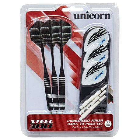 MM300 Steel Tip Darts main product image showing the darts, packaging, flights, shafts, and included accessories
