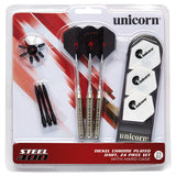 MM400 Steel Tip Darts main product image showing the darts, packaging, flights, shafts, and included accessories