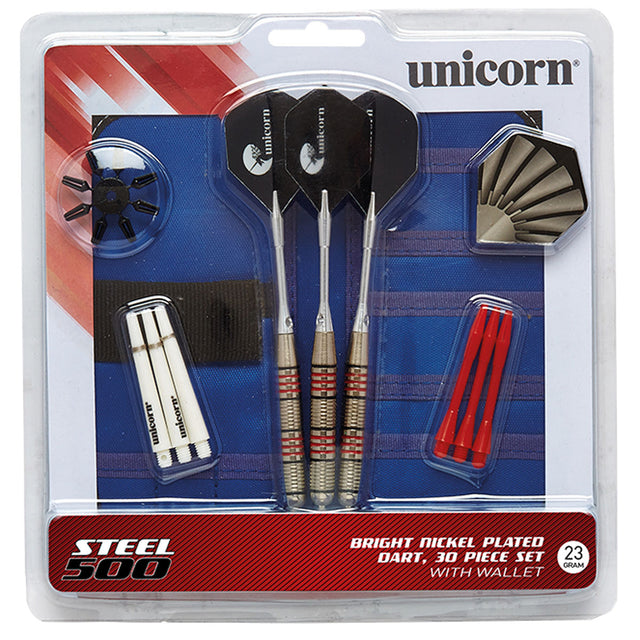 MM500 Steel Tip Darts main product image showing the darts, packaging, flights, shafts, and included accessories