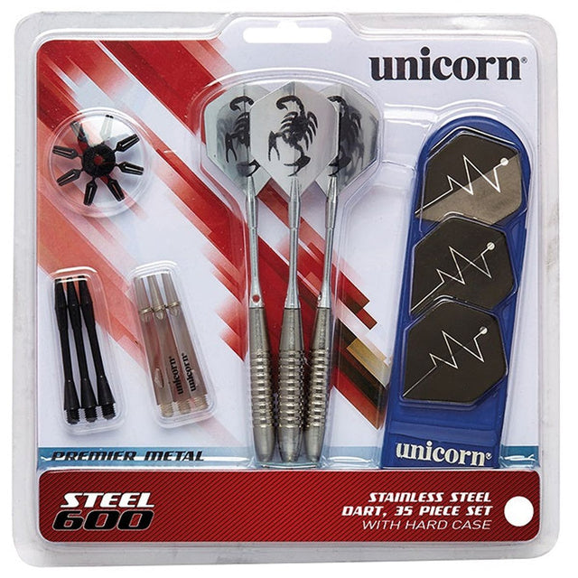 MM600 Steel Tip Darts main product image showing the darts, packaging, flights, shafts, and included accessories