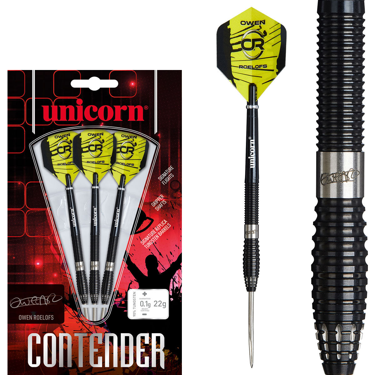 Owen Roelofs Steel Tip Darts main product image showing the darts, packaging, flights, shafts, and included accessories