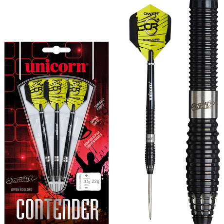 Owen Roelofs Steel Tip Darts main product image showing the darts, packaging, flights, shafts, and included accessories