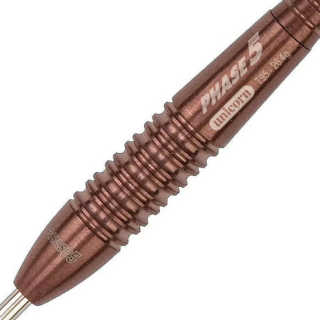 Close-up view of the Unicorn Phase 5 Rosso dart barrel showing signature grip and logo.