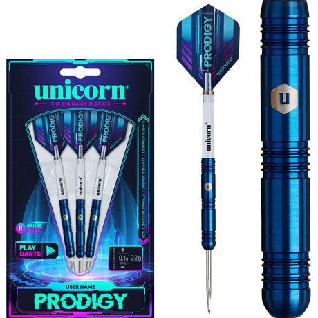 Prodigy S1 Steel Tip Darts main product image showing the darts, packaging, flights, shafts, and included accessories