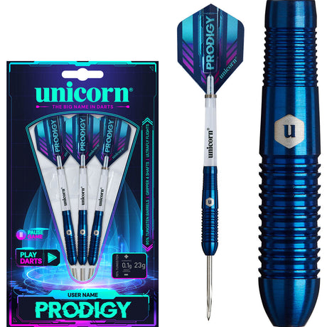 Prodigy S2 Steel Tip Darts main product image showing the darts, packaging, flights, shafts, and included accessories