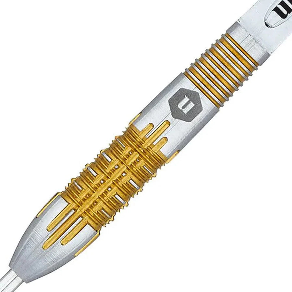 Close-up of the Unicorn Protech Style 1 dart barrel featuring gold titanium nitride coating and detailed CNC grip.