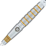 Close-up of the Unicorn Protech Style 2 dart barrel featuring detailed grip rings with golden titanium accents.