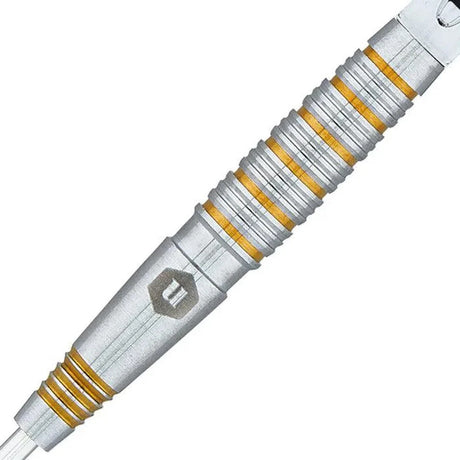 Close-up of the Unicorn Protech Style 2 dart barrel featuring detailed grip rings with golden titanium accents.