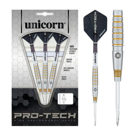 Unicorn Protech Style 2 dart set with 90% tungsten barrels and Ultrafly flights – precision engineered for serious players.