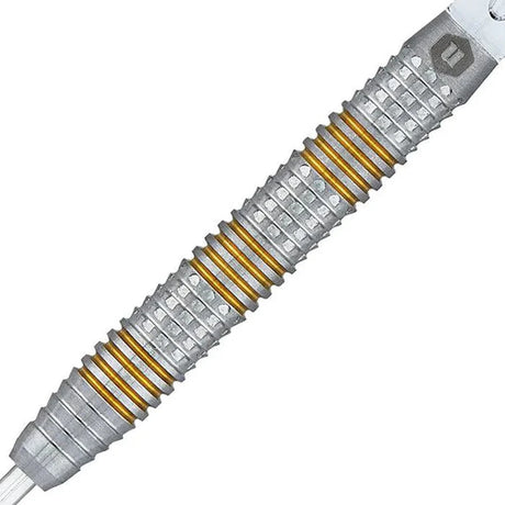 Close-up of the Unicorn Protech Style 3 dart barrel with square-cut grip pattern and golden ring highlights.