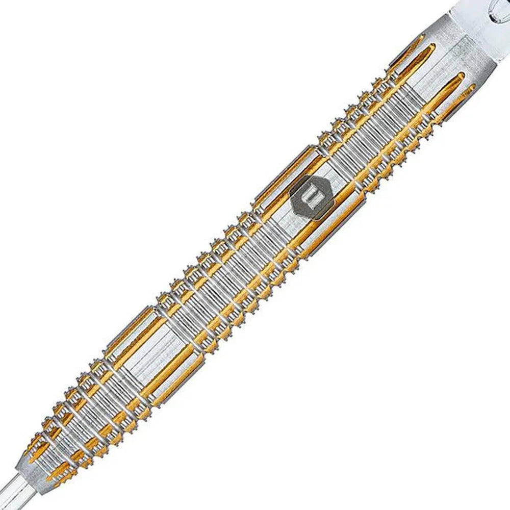 Close-up of the Unicorn Protech Style 4 dart barrel showcasing aggressive grip zones and striking gold titanium coating.
