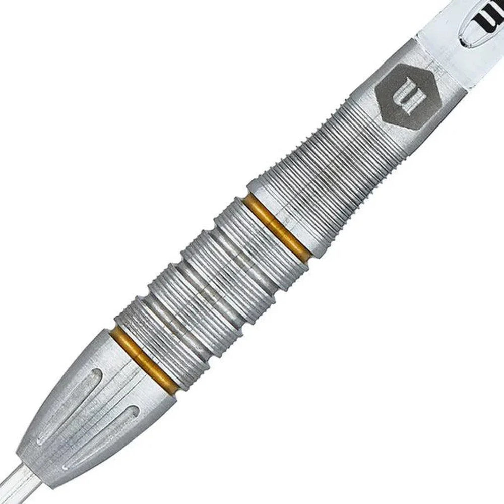 Close-up of the Unicorn Protech Style 5 dart barrel featuring a blend of ring grip and fine grooves with golden accent rings.