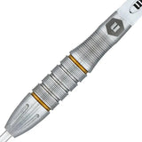 Close-up of the Unicorn Protech Style 5 dart barrel featuring a blend of ring grip and fine grooves with golden accent rings.