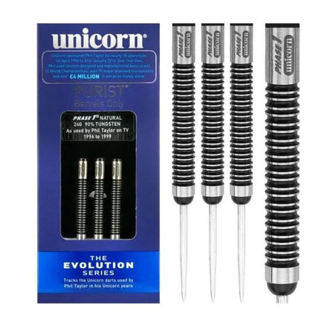 Purist Phase 1 Natural Steel Tip Darts main product image showing the darts, packaging, flights, shafts, and included accessories