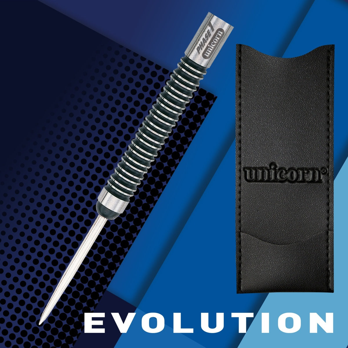 Purist Phase 1 Natural Steel Tip Darts branded contents image displaying the darts and included accessories alongside Unicorn branding