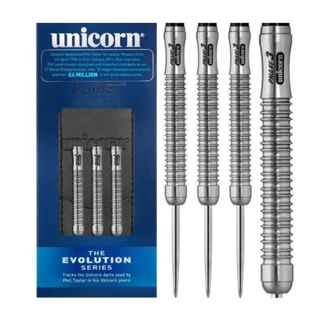 Purist Phase 3 Curve Natural Steel Tip Darts main product image showing the darts, packaging, flights, shafts, and included accessories