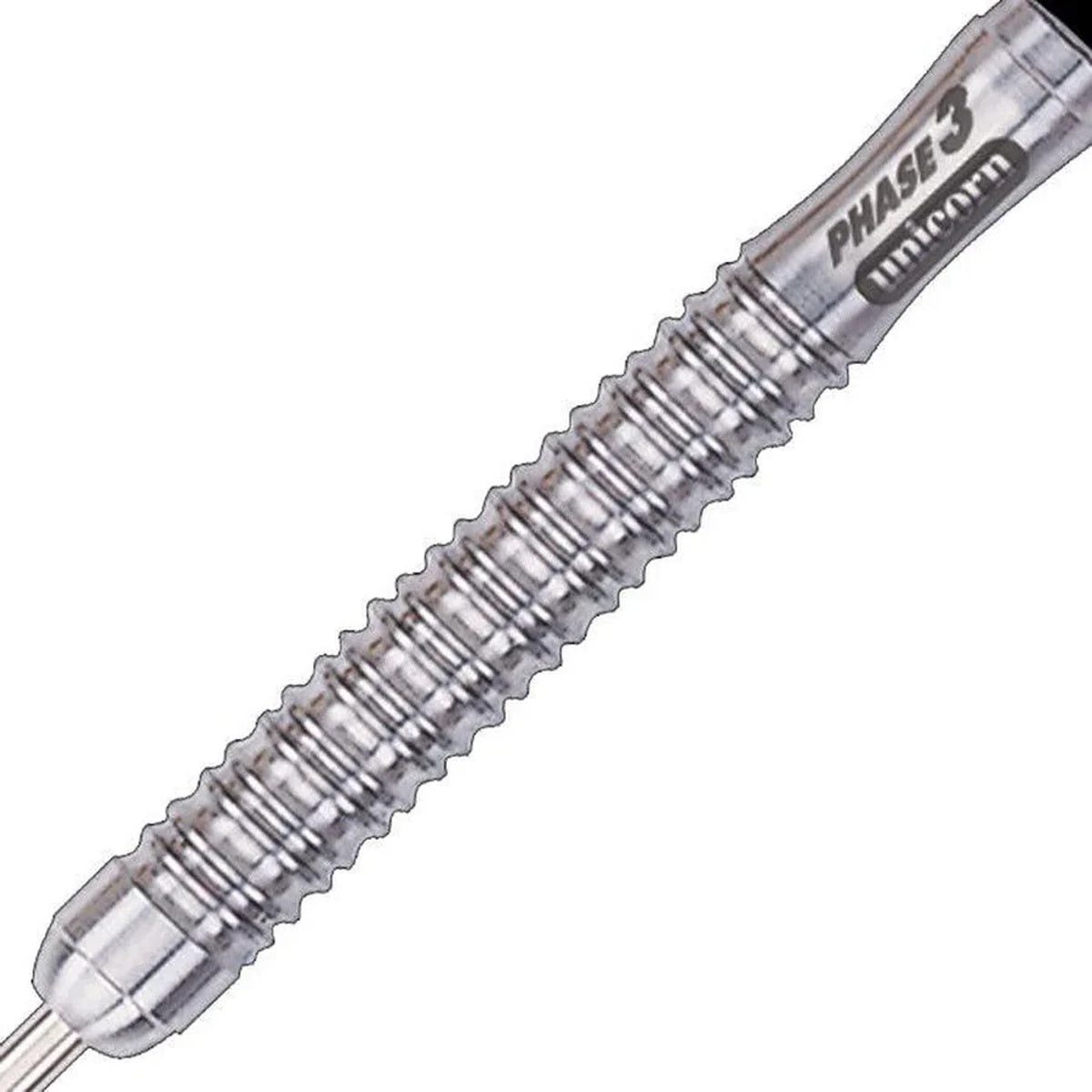 Purist Phase 3 Curve Natural Steel Tip Darts close up image showing detailed grip patterns, machining, coating, and precision craftsmanship