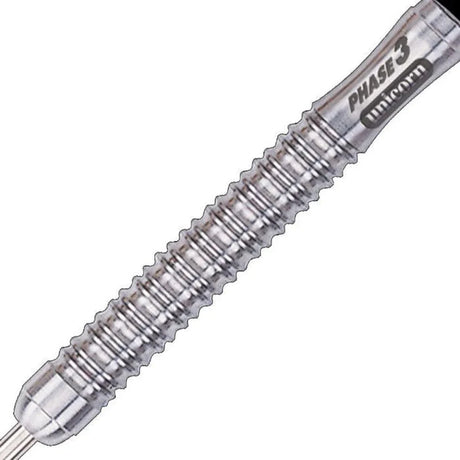 Purist Phase 3 Curve Natural Steel Tip Darts close up image showing detailed grip patterns, machining, coating, and precision craftsmanship