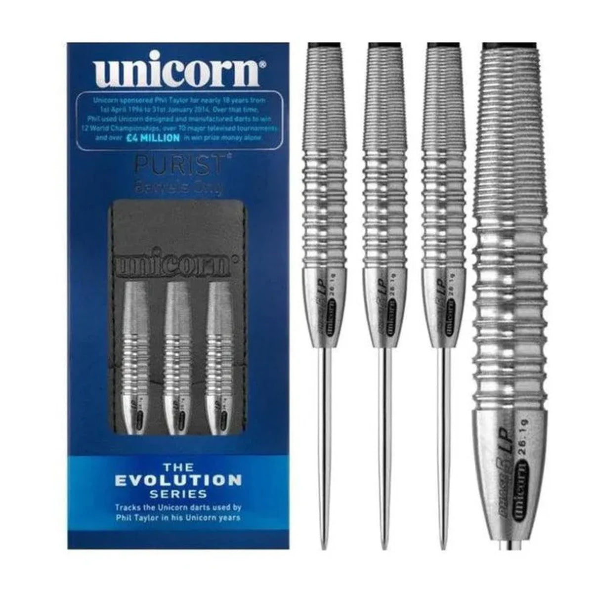 Purist Phase 5 LP Natural Steel Tip Darts main product image showing the darts, packaging, flights, shafts, and included accessories