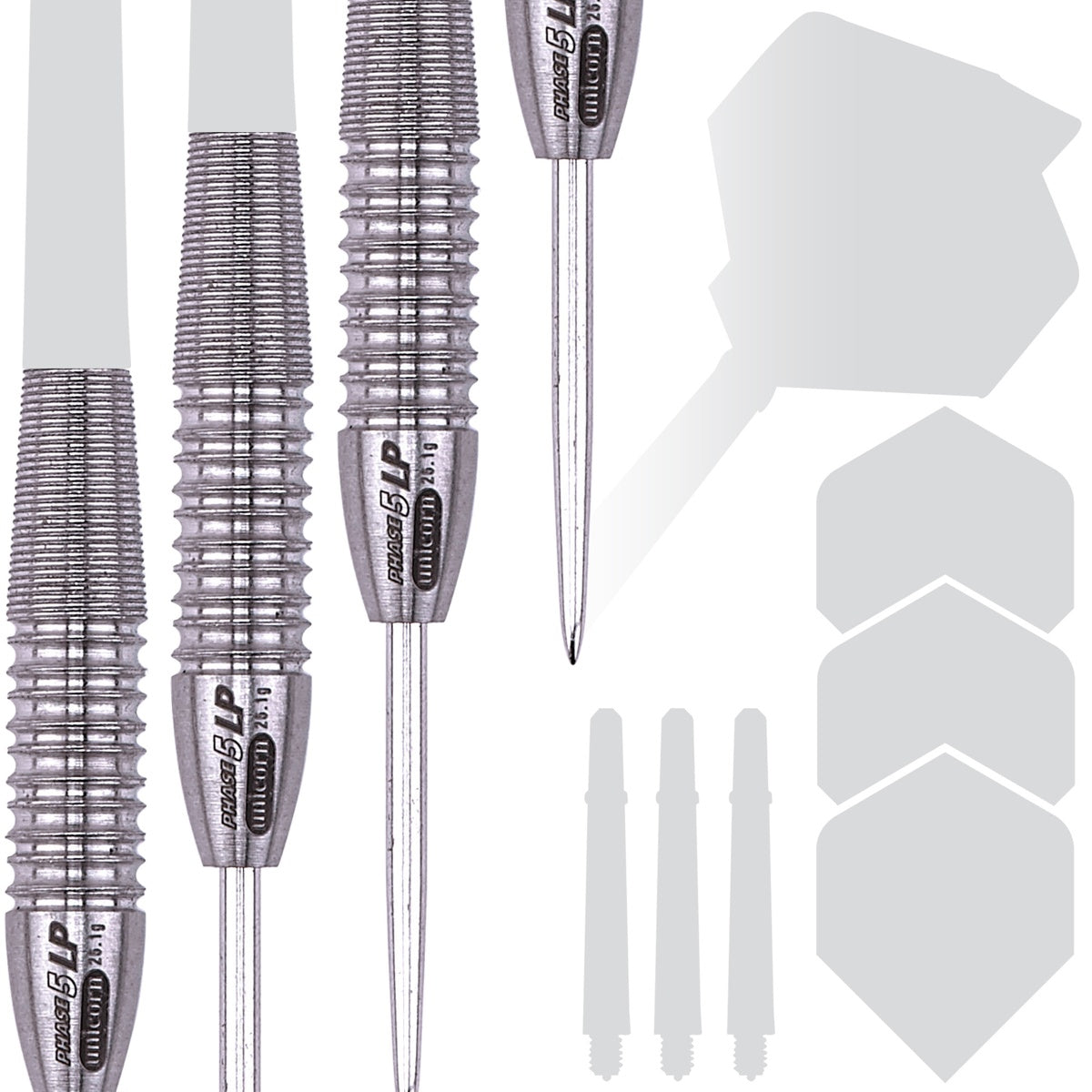 Purist Phase 5 LP Natural Steel Tip Darts contents image displaying everything included inside the package
