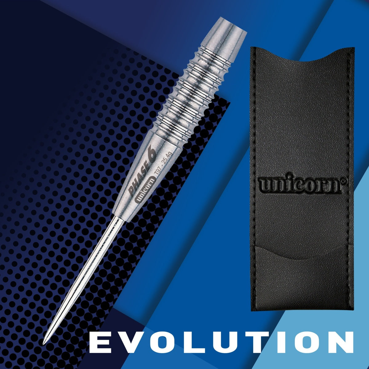 Purist Phase 6 Natural Steel Tip Darts branded contents image displaying the darts and included accessories alongside Unicorn branding