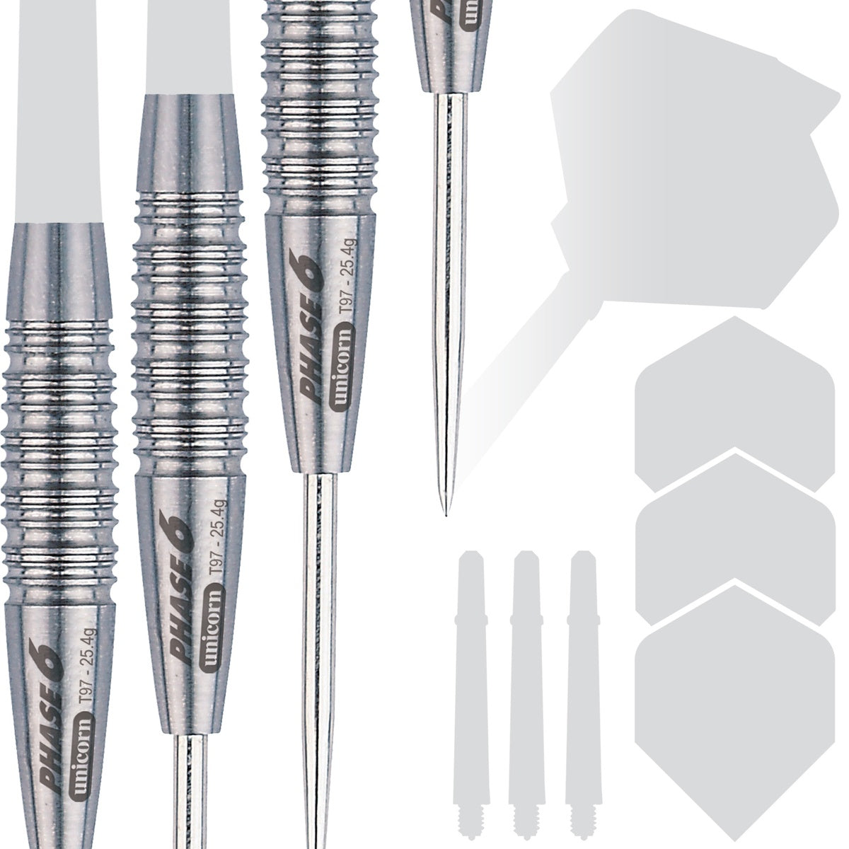 Purist Phase 6 Natural Steel Tip Darts contents image displaying everything included inside the package