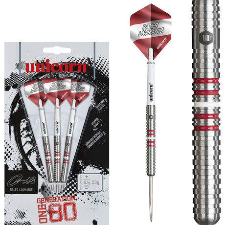Ralfs Laumanis Steel Tip Darts main product image showing the darts, packaging, flights, shafts, and included accessories