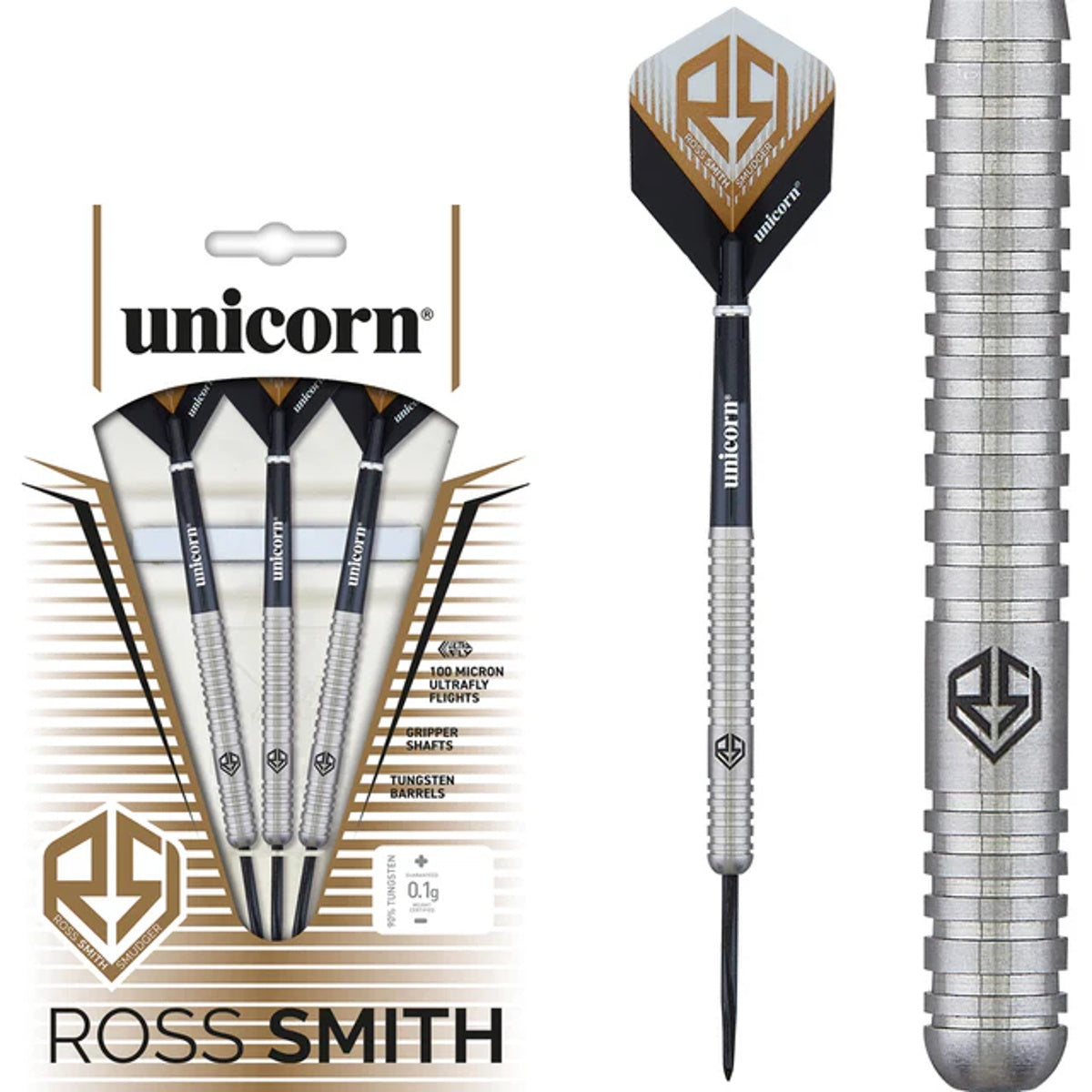 Ross Smith Natural Steel Tip Darts main product image showing the darts, packaging, flights, shafts, and included accessories