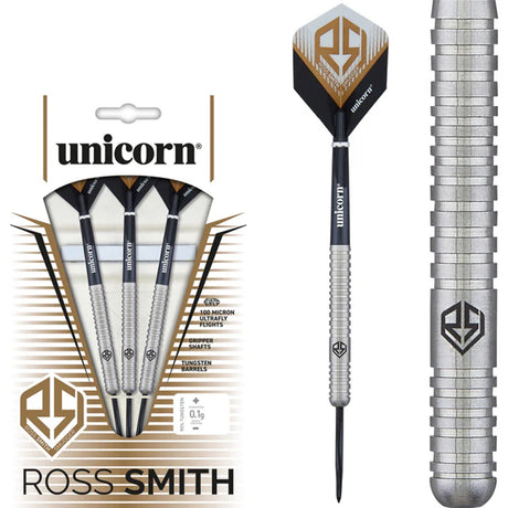 Ross Smith Natural Steel Tip Darts main product image showing the darts, packaging, flights, shafts, and included accessories