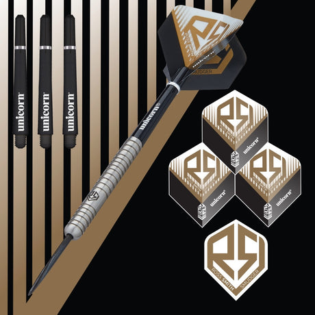 Ross Smith Natural Steel Tip Darts branded contents image displaying the darts and included accessories alongside Unicorn branding