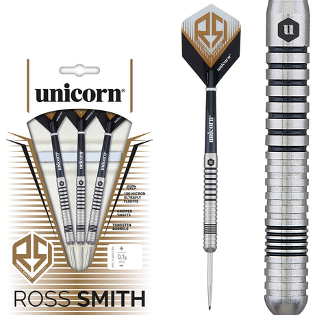 Ross Smith Smudger Steel Tip Darts main product image showing the darts, packaging, flights, shafts, and included accessories