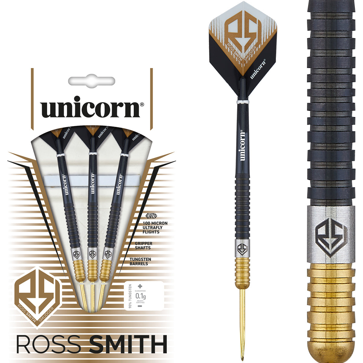 Ross Smith Two Tone Steel Tip Darts main product image showing the darts, packaging, flights, shafts, and included accessories