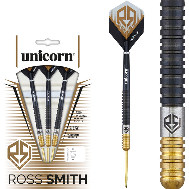Ross Smith Two Tone Steel Tip Darts main product image showing the darts, packaging, flights, shafts, and included accessories