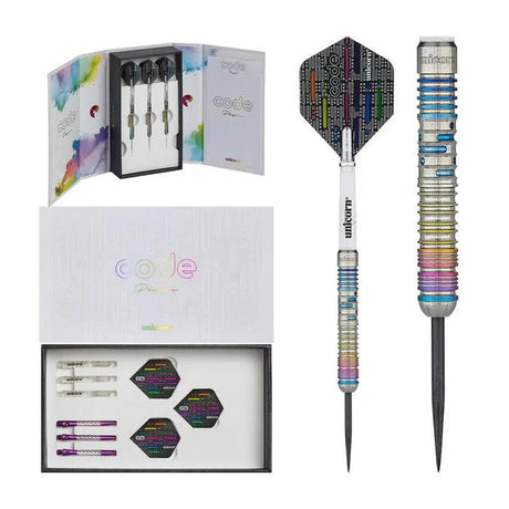 Unicorn Seigo Asada Code darts set with packaging, flights, and complete assembled darts.
