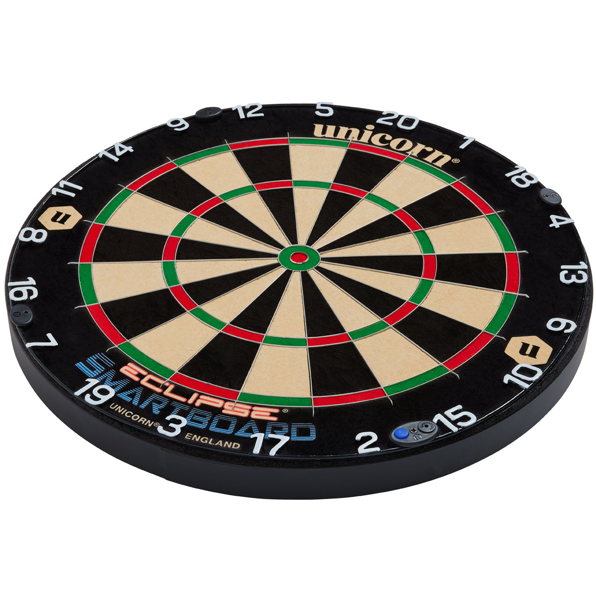 Unicorn Smartboard Eclipse Dartboard bottom angle product image showing the dartboard and product contents