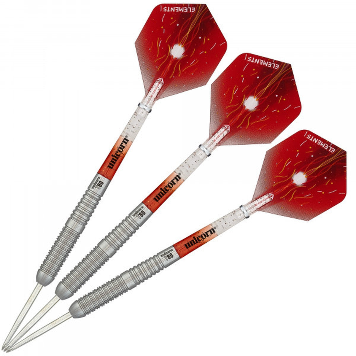 Striker Type 6 Steel Tip Darts image showing the complete three dart set together highlighting barrel design consistency and styling