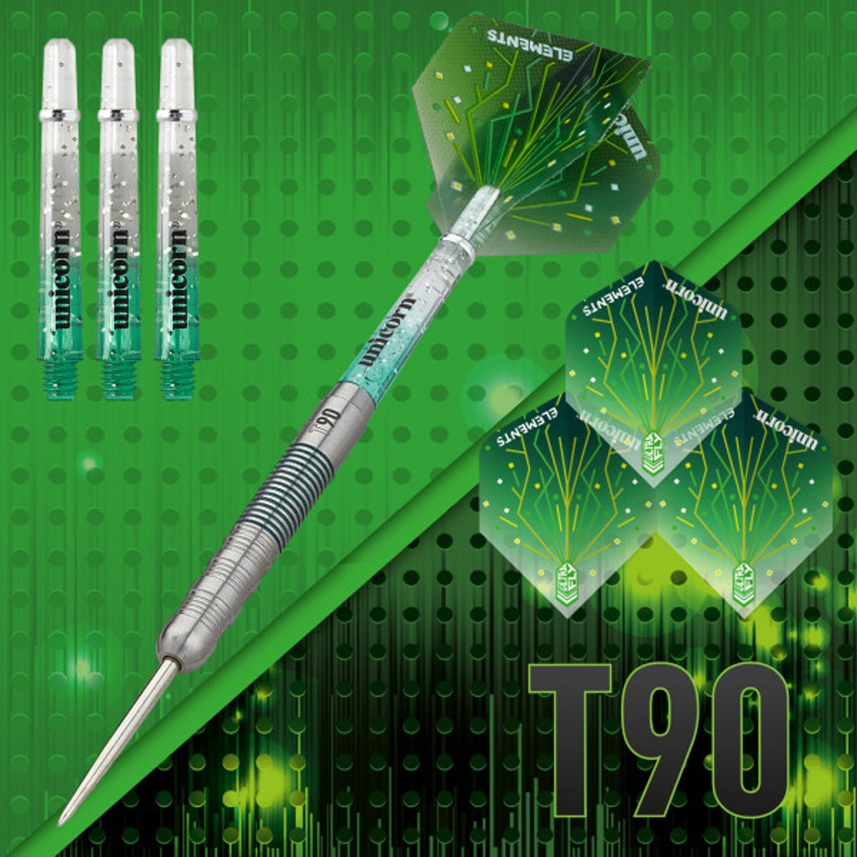 T90 Type 1 Core XL Green Steel Tip Darts branded contents image displaying the darts and included accessories alongside Unicorn branding