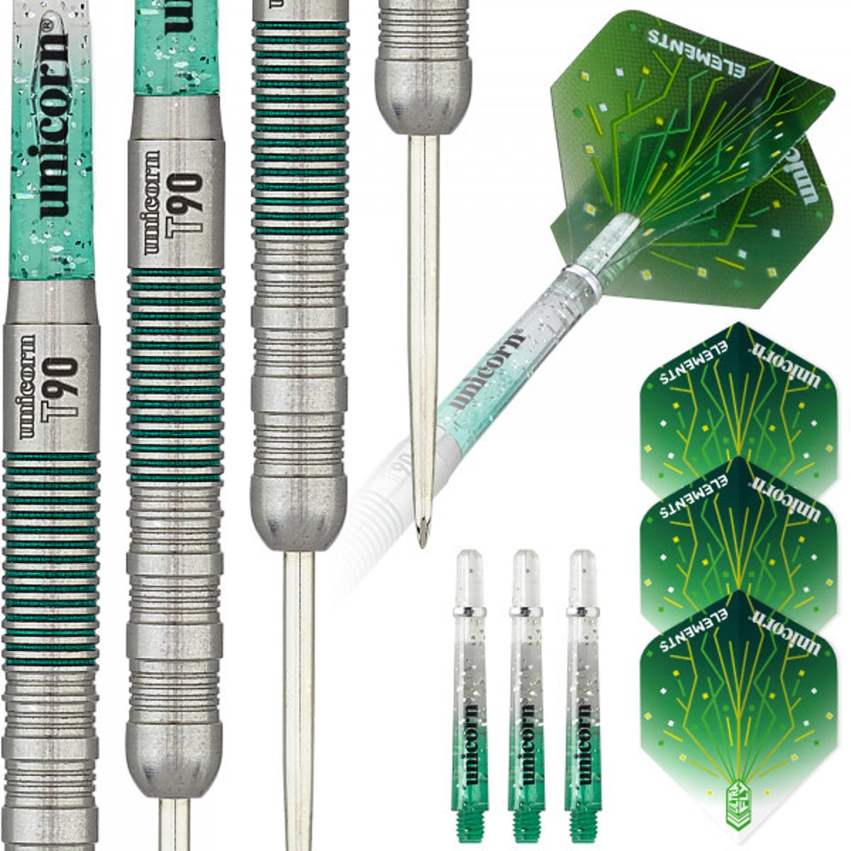 T90 Type 1 Core XL Green Steel Tip Darts contents image displaying everything included inside the package