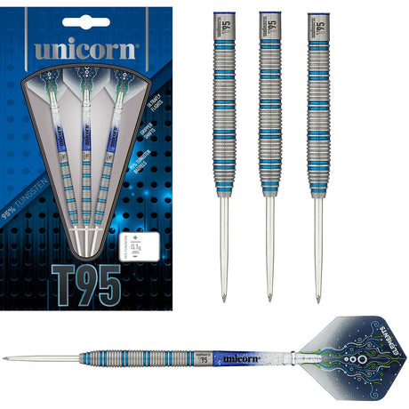 T95 Type 1 Core XL Blue Steel Tip Darts main product image showing the darts, packaging, flights, shafts, and included accessories