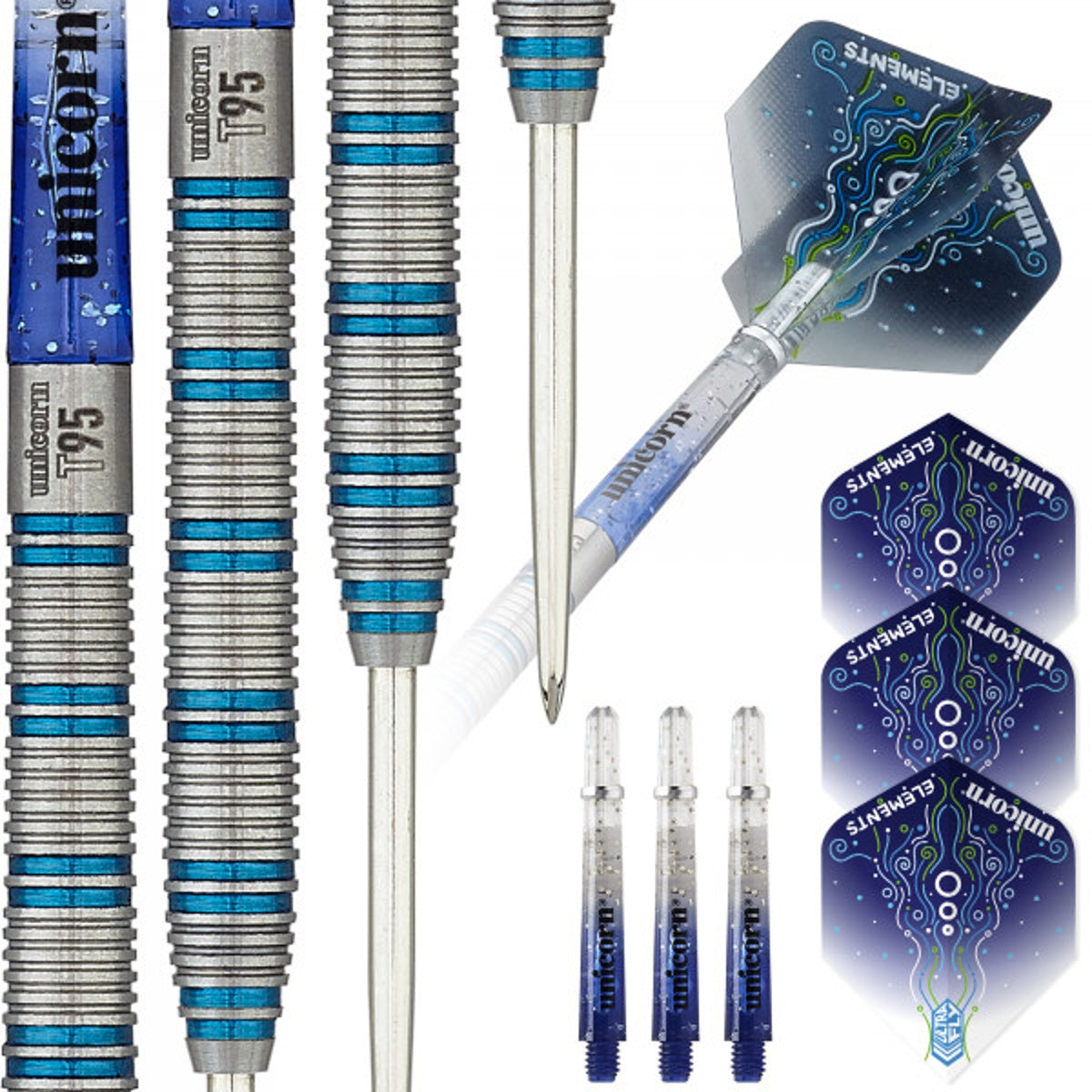 T95 Type 1 Core XL Blue Steel Tip Darts contents image displaying everything included inside the package