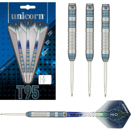 T95 Type 2 Core XL Blue Steel Tip Darts main product image showing the darts, packaging, flights, shafts, and included accessories