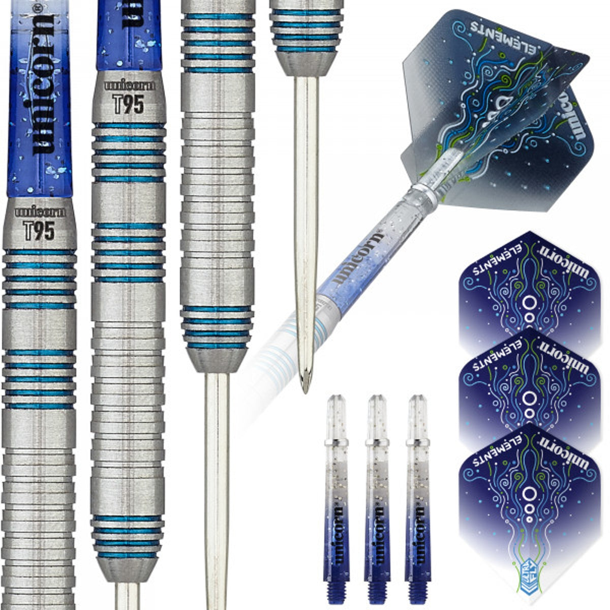 T95 Type 2 Core XL Blue Steel Tip Darts contents image displaying everything included inside the package