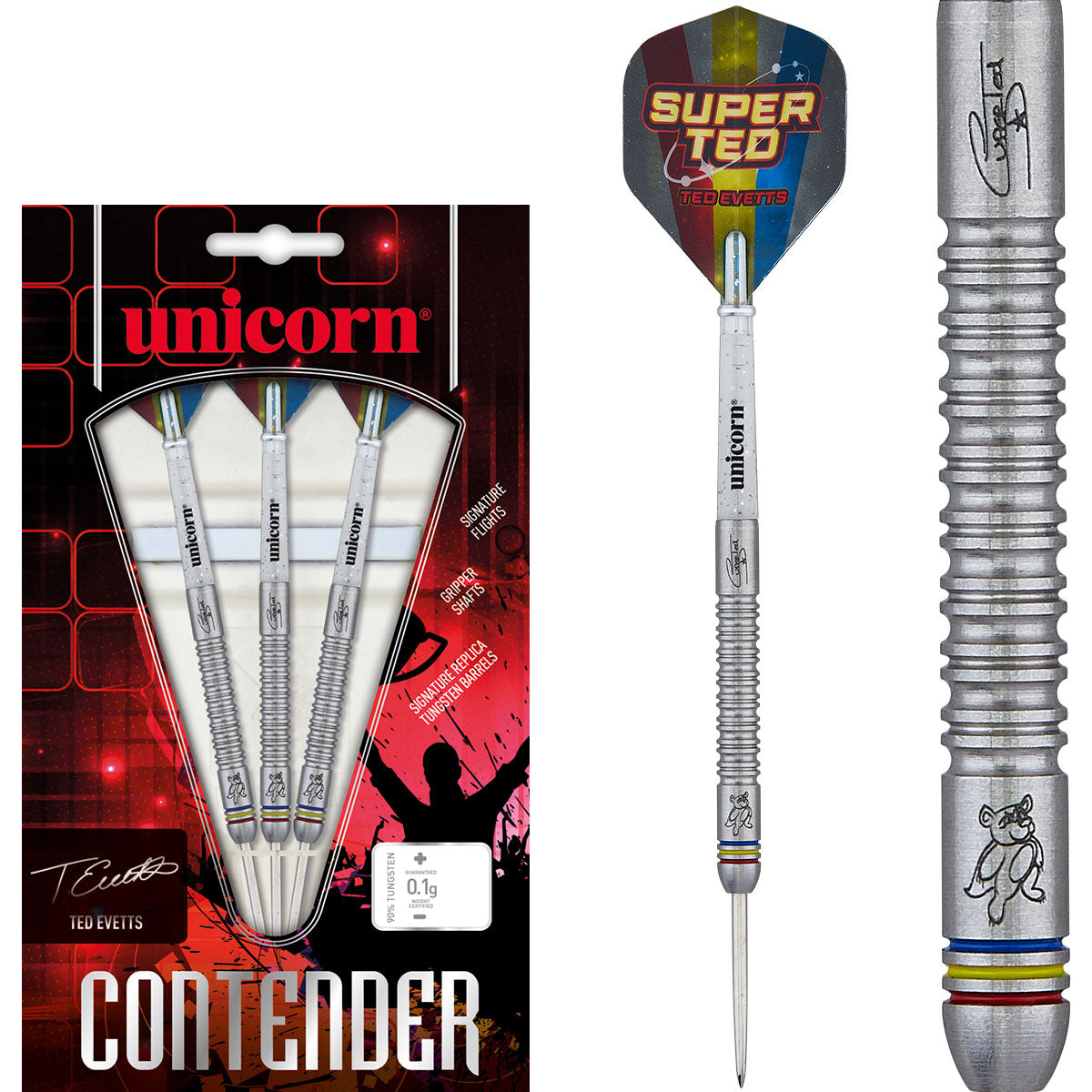 Ted Evetts Phase 2 Steel Tip Darts main product image showing the darts, packaging, flights, shafts, and included accessories