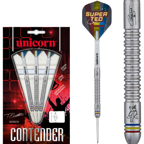 Ted Evetts Phase 2 Steel Tip Darts main product image showing the darts, packaging, flights, shafts, and included accessories