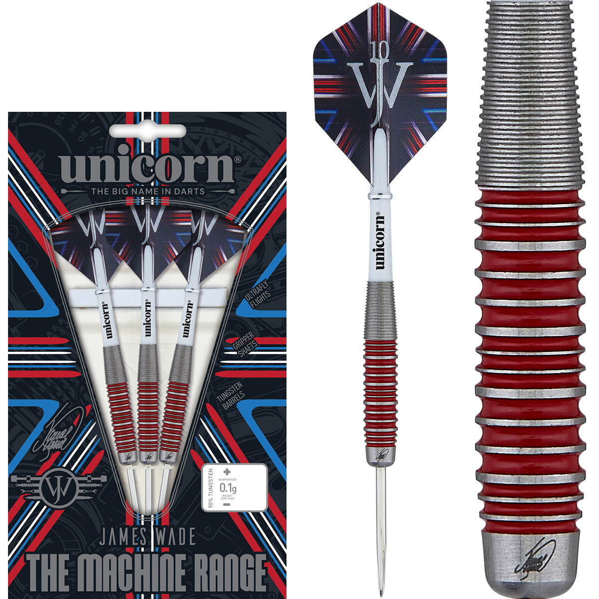 The Machine James Wade 90 Percent Tungsten Steel Tip Darts main product image showing the darts, packaging, flights, shafts, and included accessories