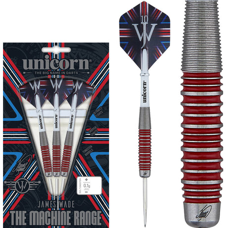 The Machine James Wade 90 Percent Tungsten Steel Tip Darts main product image showing the darts, packaging, flights, shafts, and included accessories