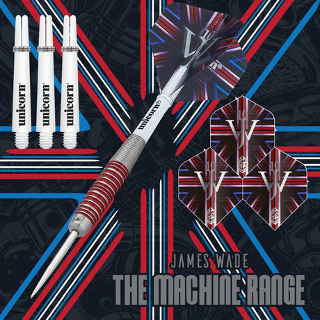 The Machine James Wade 90 Percent Tungsten Steel Tip Darts branded contents image displaying the darts and included accessories alongside Unicorn branding
