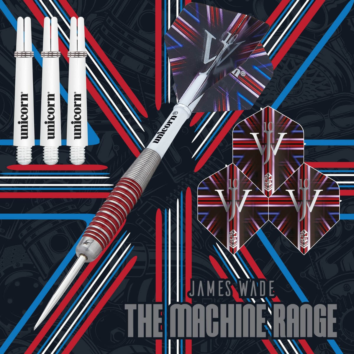 The Machine James Wade 90 Percent Tungsten Steel Tip Darts branded contents image displaying the darts and included accessories alongside Unicorn branding