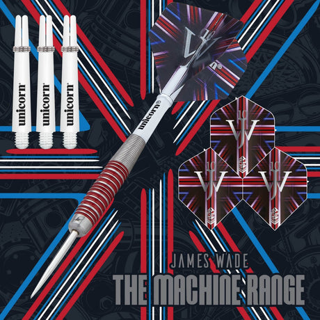The Machine James Wade 90 Percent Tungsten Steel Tip Darts branded contents image displaying the darts and included accessories alongside Unicorn branding