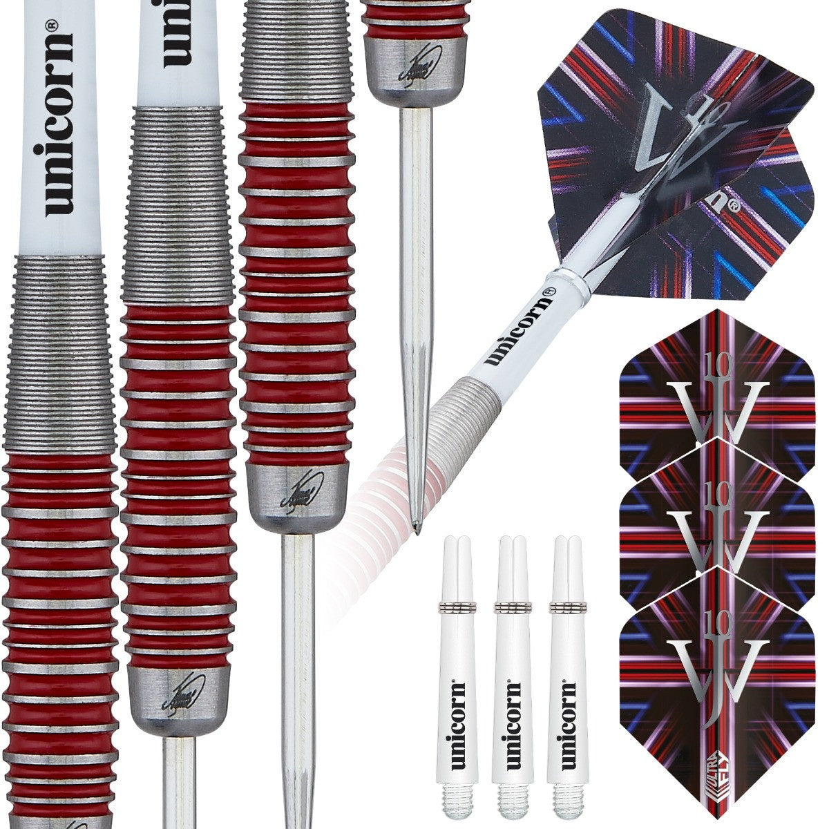 The Machine James Wade 90 Percent Tungsten Steel Tip Darts contents image displaying everything included inside the package